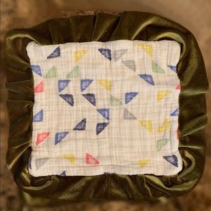 Abstract printed muslin lovey with velvet trim